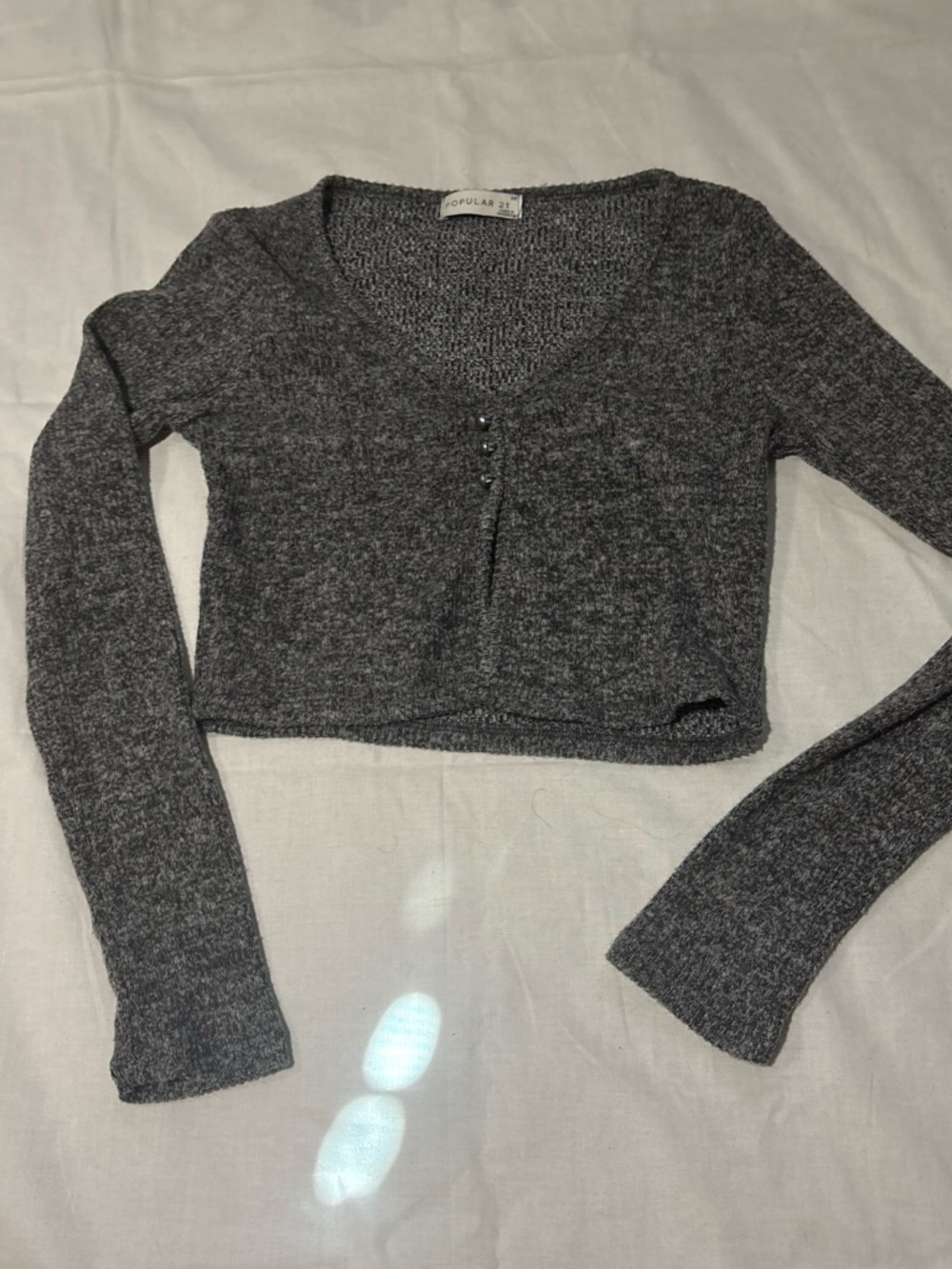 Dark Gray Ribbed V-Neck Long Sleeve Cropped Top